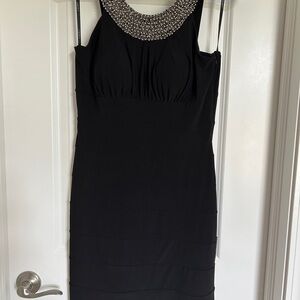 Cachet Black Mini Dress with Embellished Neckline
